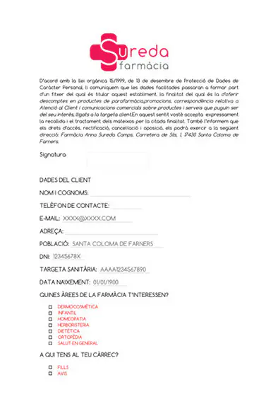 Omple el formulari per demanar la targeta client de la farmàcia Sureda